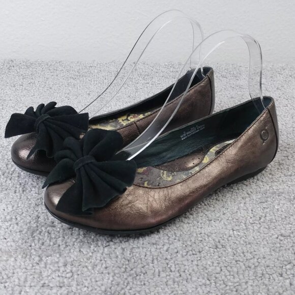Børn Shoes - Born Molly Ballet Flats Womens 6 Comfort Shoes Slip On Bow Brown Bronze Leather
